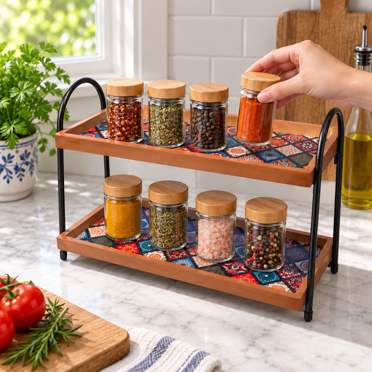 Hand retrieving a spice jar from the organizer