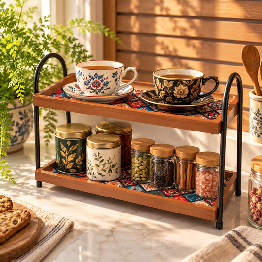 Two-tier organizer arranged as a tea and spice station