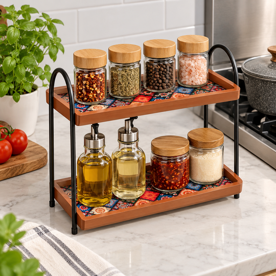 Countertop cooking station with jars and oil bottles