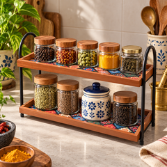 Organized pantry counter with spices across two tiers