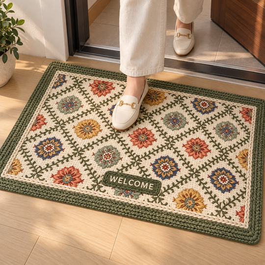 Vintage Garden Mat in everyday entryway use