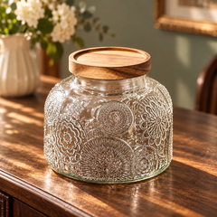 Raised floral embossing on the glass jar