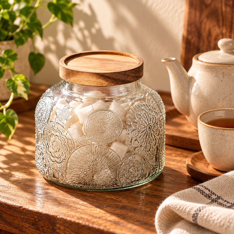 Vintage glass jar serving sugar at a tea station