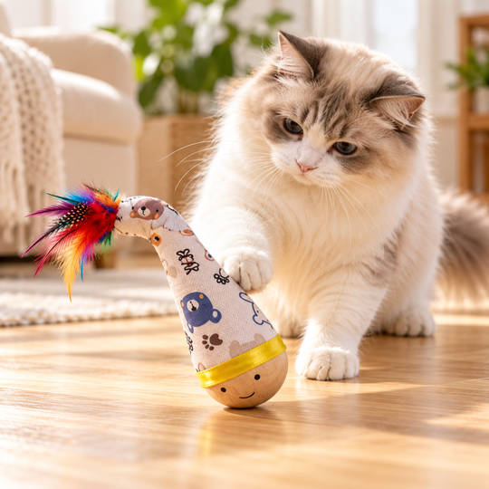 Cat pawing the Wooden Base Pet Toy