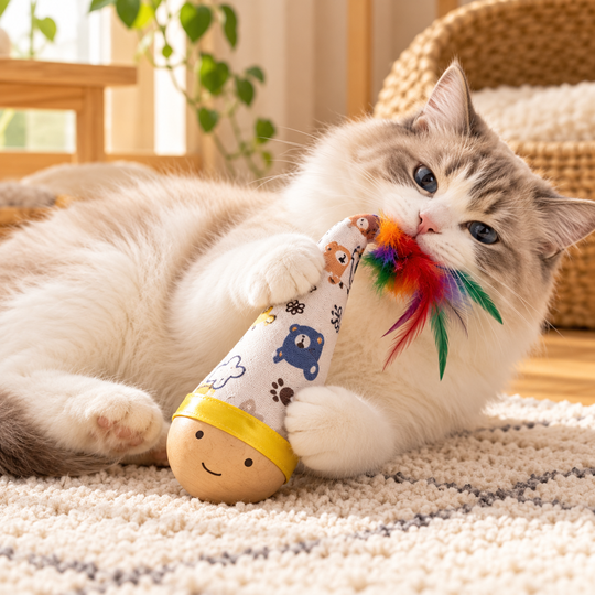 Cat hugging the Wooden Base Pet Toy