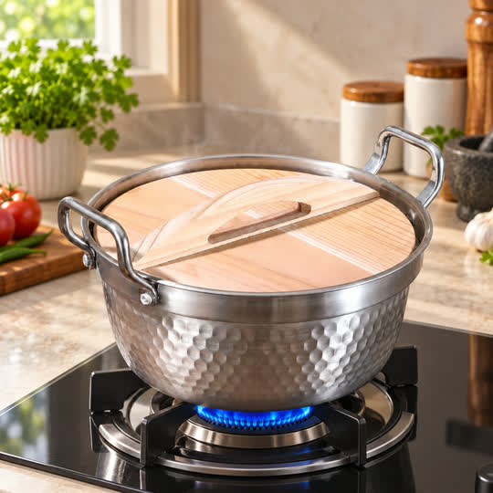 Wooden Lid Hammered Cooking Pot cooking view