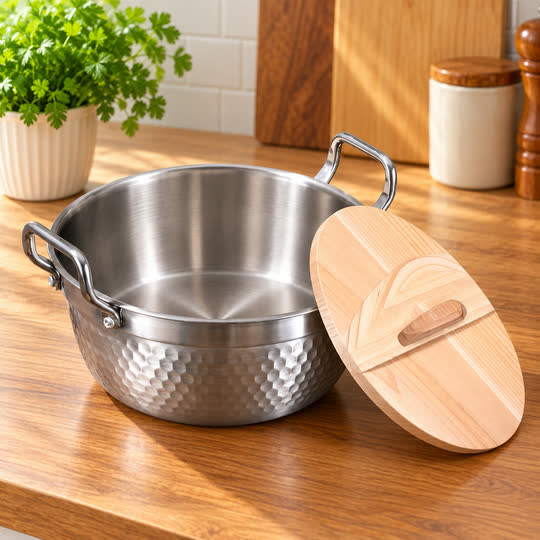 Wooden Lid Hammered Cooking Pot open interior and wooden lid