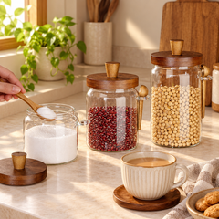 Wooden Lid Kitchen Jar in three sizes — chai and sugar scooping