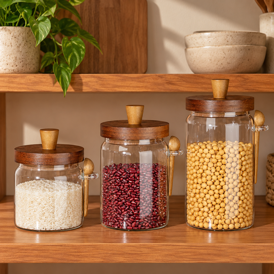 Wooden Lid Kitchen Jar in three sizes — organized kitchen shelf