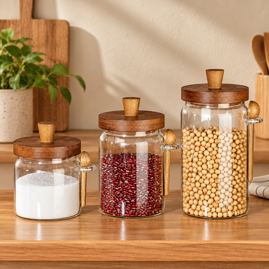 Wooden Lid Kitchen Jar in three sizes — side spoon holders