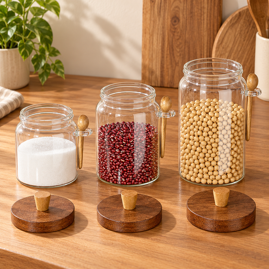 Three sizes of glass storage jars with open mouths and wooden lids