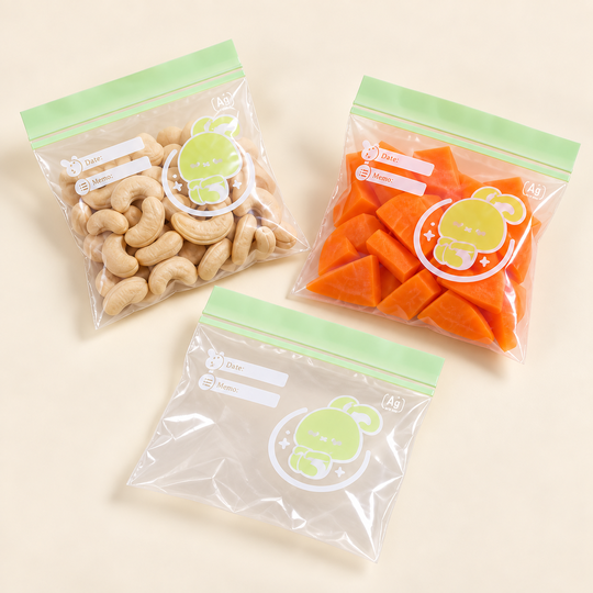 Zip Lock Food Bags with cashews, carrots and an empty bag
