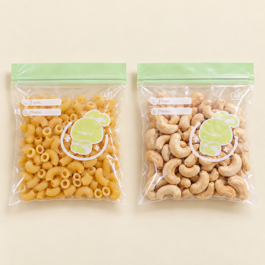 Visible pasta and cashew contents in food bags